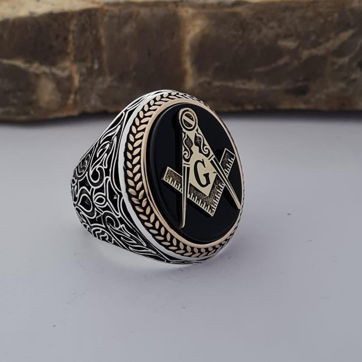 Master Mason Blue Lodge Ring - Handmade Sterling Silver Onyx - Bricks Masons