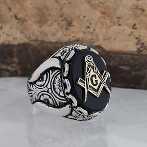 Master Mason Blue Lodge Ring - Black Onyx Freemason Symbol - Bricks Masons