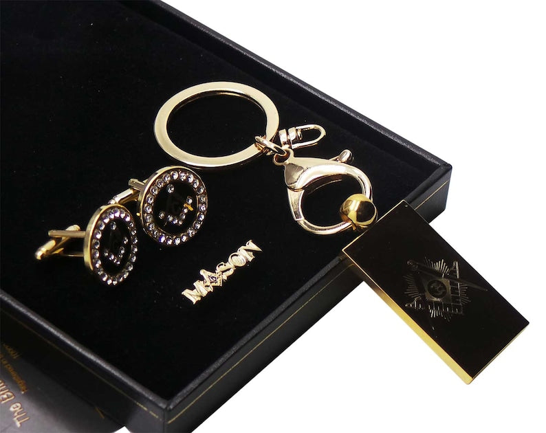 Master Mason Blue Lodge Cufflinks - 24k Gold Keychain Crystal & Lapel Pin Set - Bricks Masons