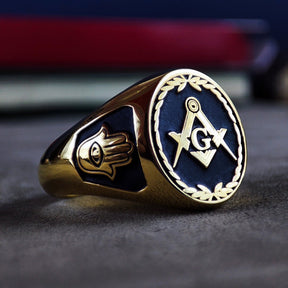 Master Mason Blue Lodge Ring - Black & Gold Personalized With Wreath & Initials - Bricks Masons