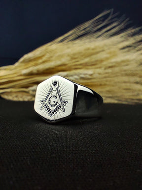 Master Mason Blue Lodge Ring - Octagon Handcrafted Square & Compass G Personalized - Bricks Masons
