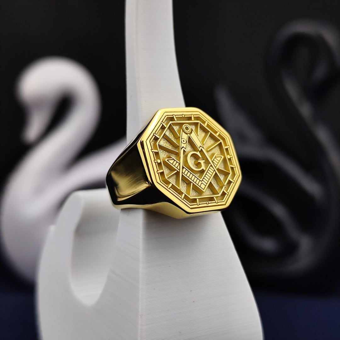 Master Mason Blue Lodge Ring - Octagon Gold Plated S & C With G Customizable - Bricks Masons