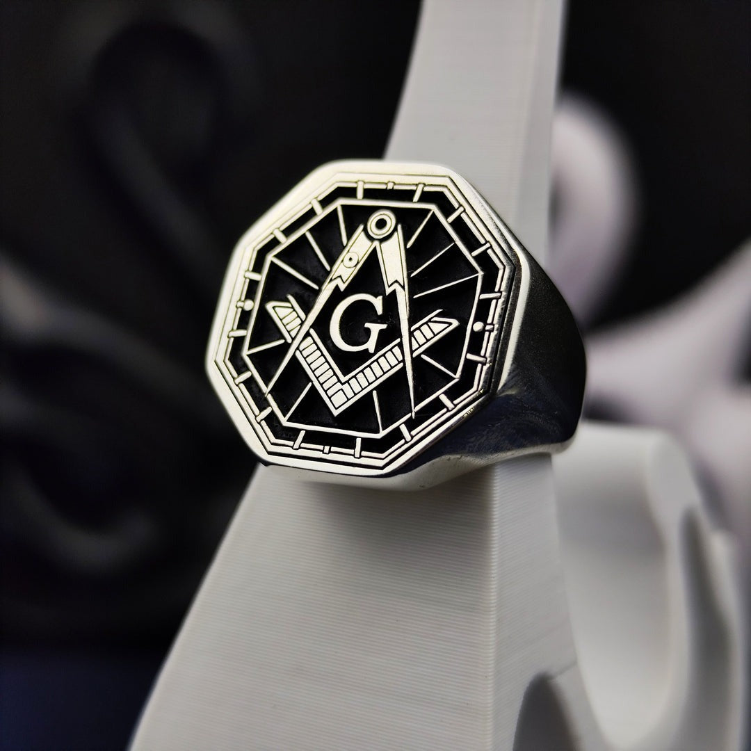 Master Mason Blue Lodge Ring - Black & Silver Handcrafted Square & Compass G - Bricks Masons