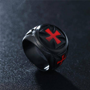 Knights Templar Ring - Black Tone Red Cross - Bricks Masons