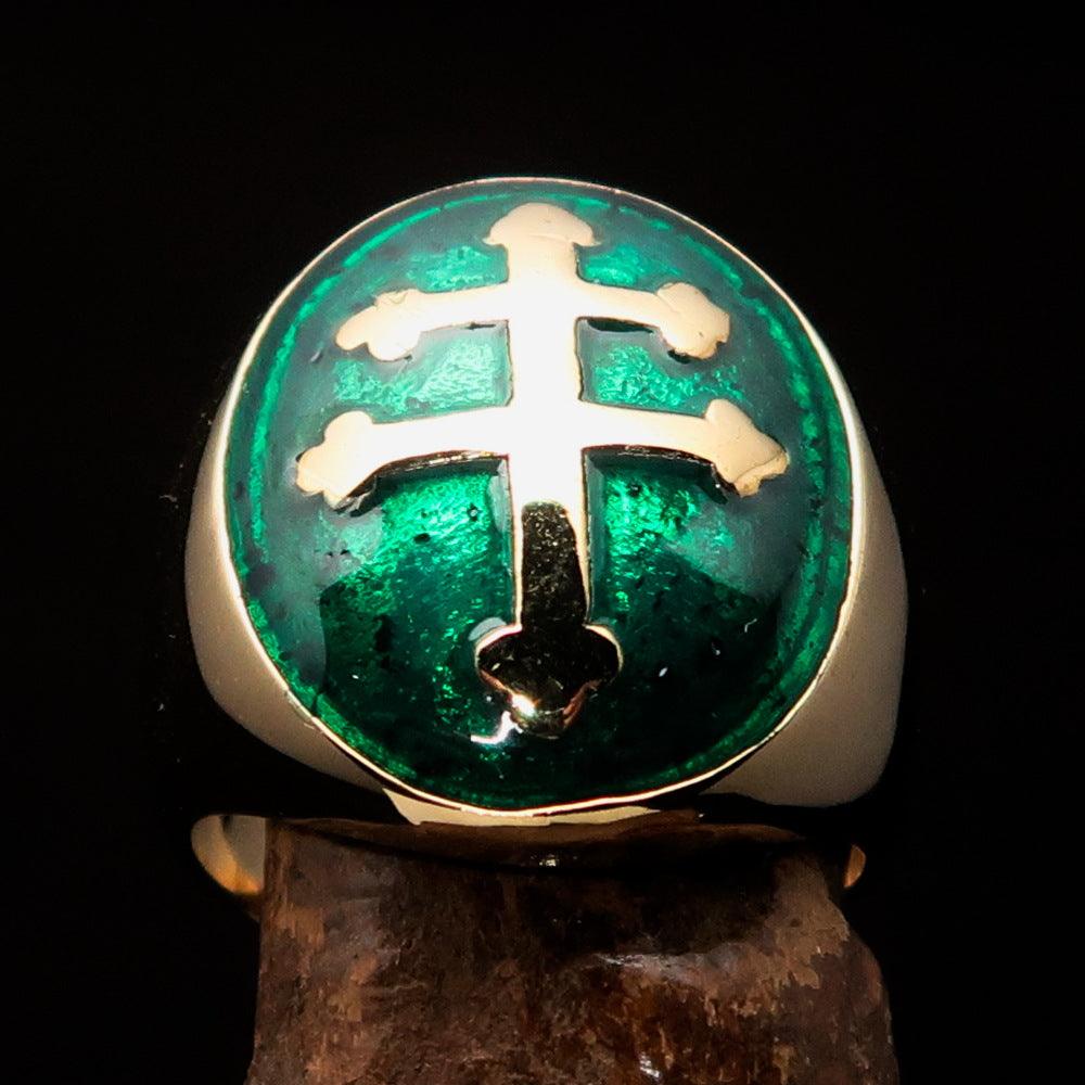 Knights Templar Ring - Green Brass Lorraine Cross - Bricks Masons