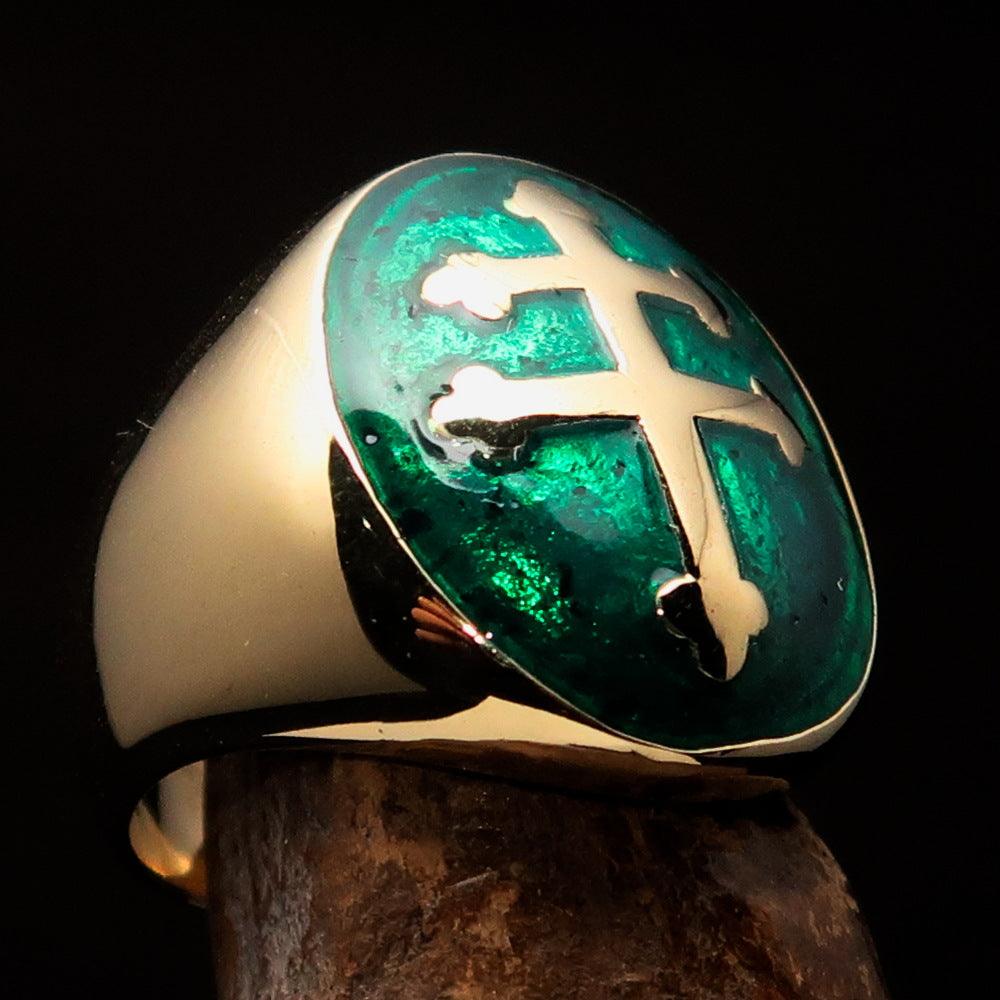 Knights Templar Ring - Green Brass Lorraine Cross - Bricks Masons