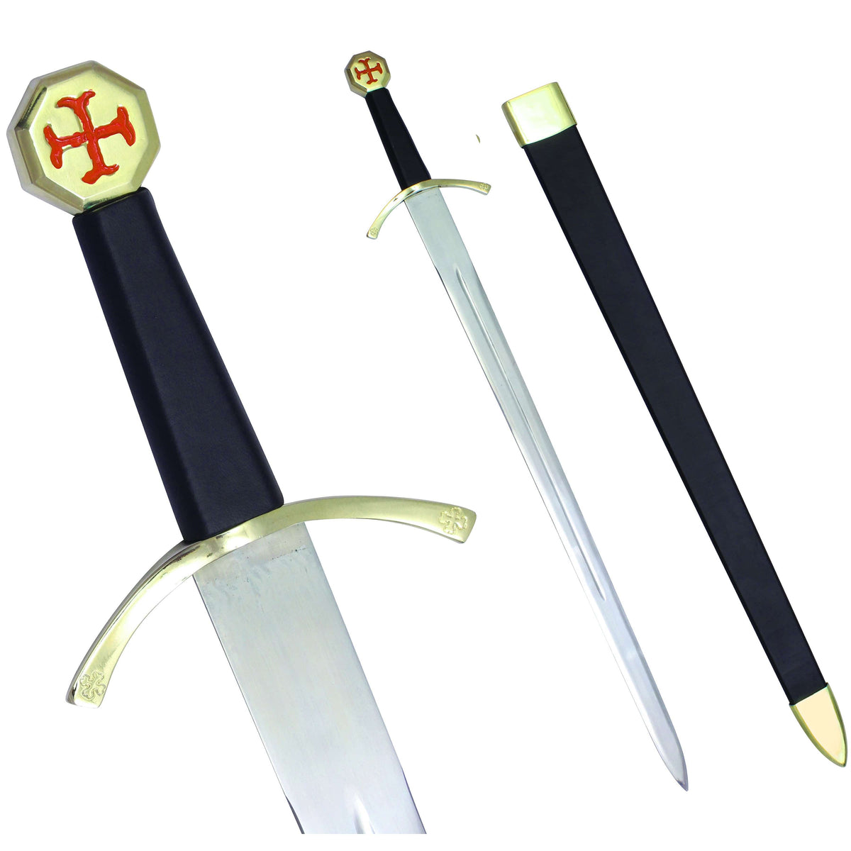 Knights Templar Sword - with Black Gold Hilt and Black Scabbard & Red Cross - Bricks Masons