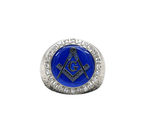 Master Mason Blue Lodge Ring - Sterling Silver Blue Face S&C G - Bricks Masons
