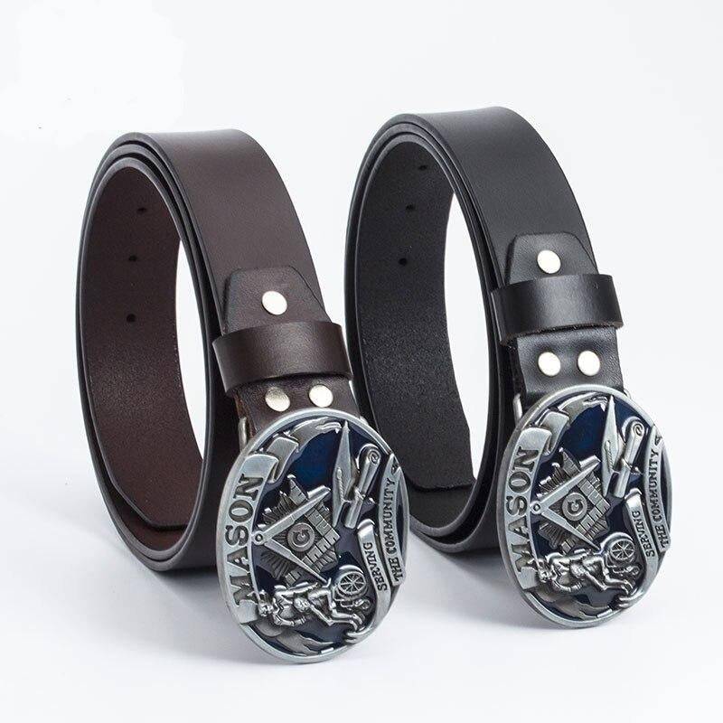 Master Mason Blue Lodge Belt - Serving The Community Square & Compass G (Coffee/Black) - Bricks Masons