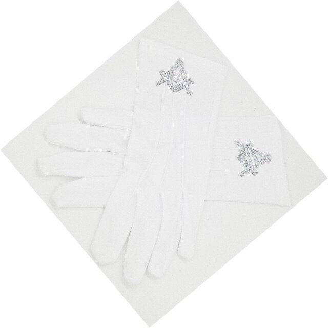 Master Mason Blue Lodge Gloves - Polyester With Square and Compass G Rhinestone - Bricks Masons