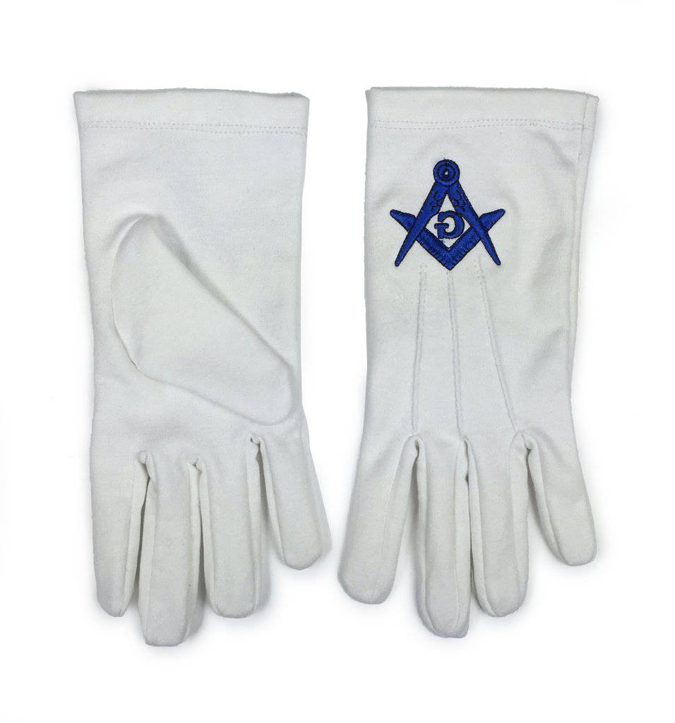 Master Mason Blue Lodge Gloves - White Cotton Machine Embroidery - Bricks Masons