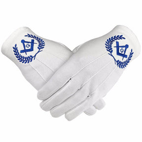 Master Mason Blue Lodge Gloves - White Cotton with Blue Square & Compass G - Bricks Masons