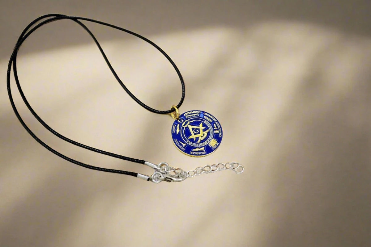Master Mason Blue Lodge Necklace - Gold Plated Grip Tools With Leather Chain - Bricks Masons