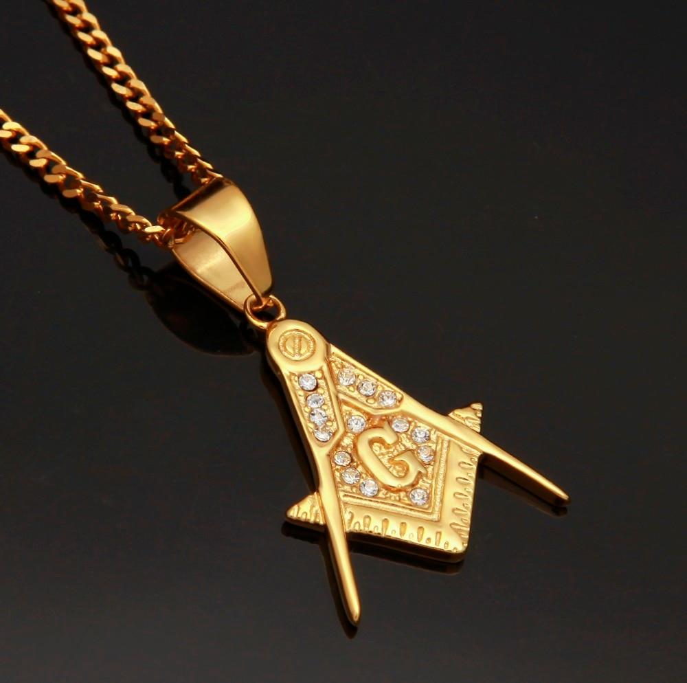 Master Mason Blue Lodge Necklace - Zirconia Stainless Steel Square Compass G Pendant - Bricks Masons