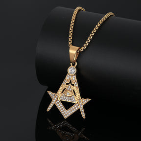 Master Mason Blue Lodge Pendant - Eye Of Providence Iced Out In Gold - Bricks Masons