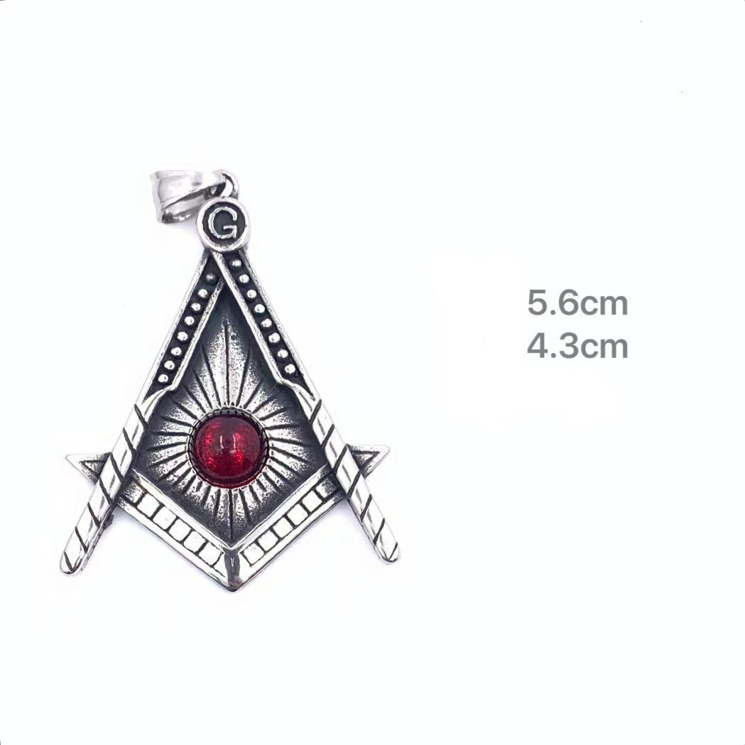 Master Mason Blue Lodge Pendant - Silver Titanium Steel Red Stone - Bricks Masons
