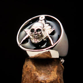 Master Mason Blue Lodge Ring - Black Sterling Silver With Skull Square and Compass - Bricks Masons