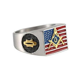 Master Mason Blue Lodge Ring - Compass and Square G USA Flag - Bricks Masons