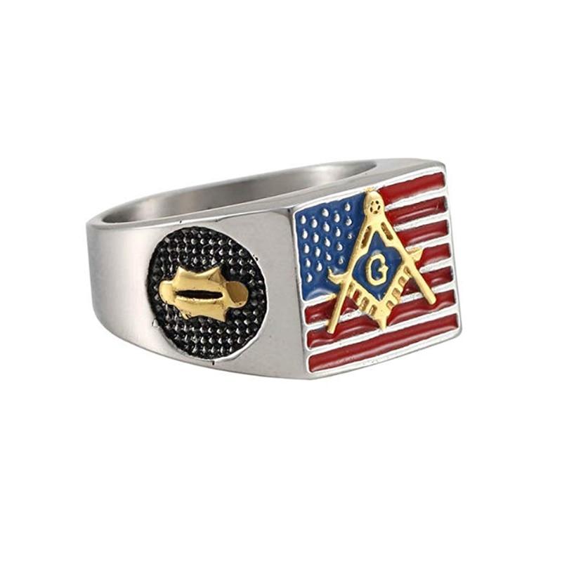 Master Mason Blue Lodge Ring - Compass and Square G USA Flag - Bricks Masons
