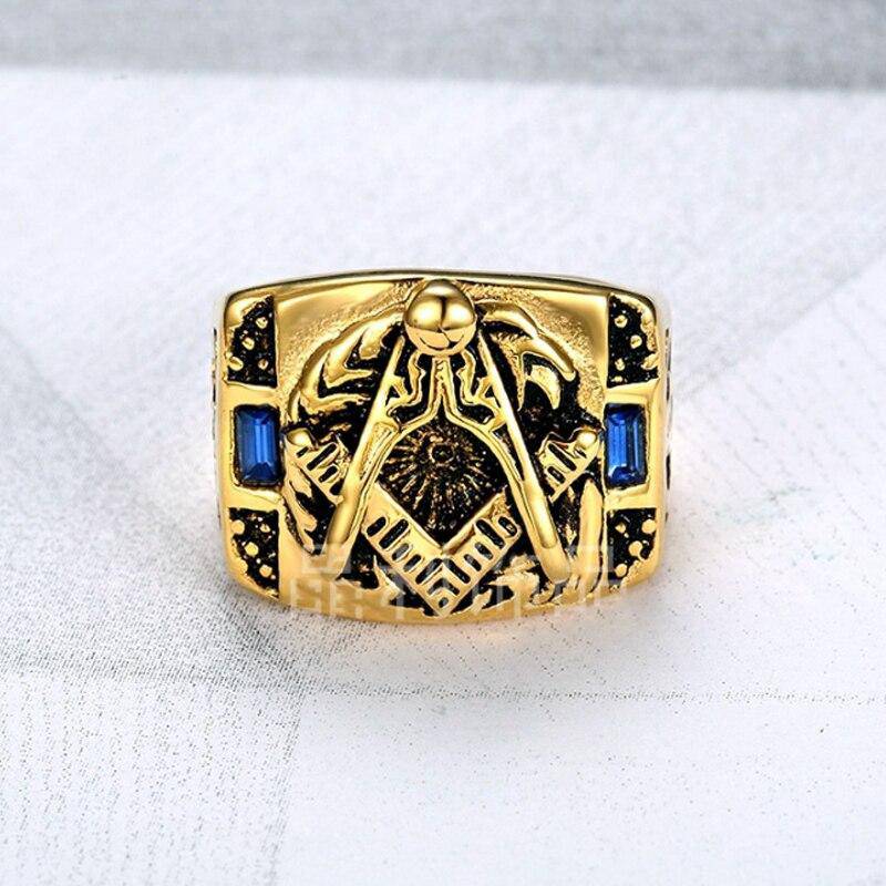 Master Mason Blue Lodge Ring - Compass And Square Golden and Blue Pearls - Bricks Masons