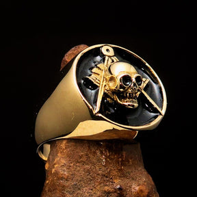 Master Mason Blue Lodge Ring - Gold & Black Solid Brass With Skull Square Compass - Bricks Masons