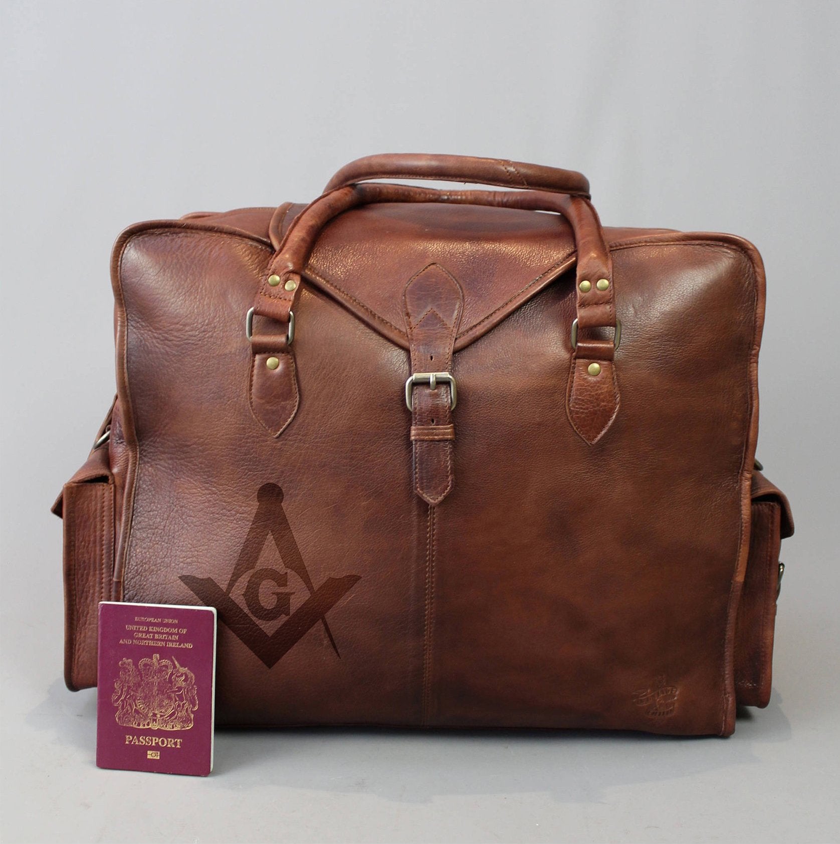 Master Mason Blue Lodge Travel Bag - Genuine Brown Leather - Bricks Masons