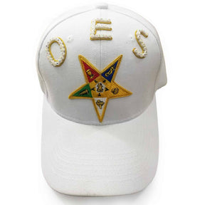 OES Baseball Cap - White with Jewels & Bullion Embroidery - Bricks Masons