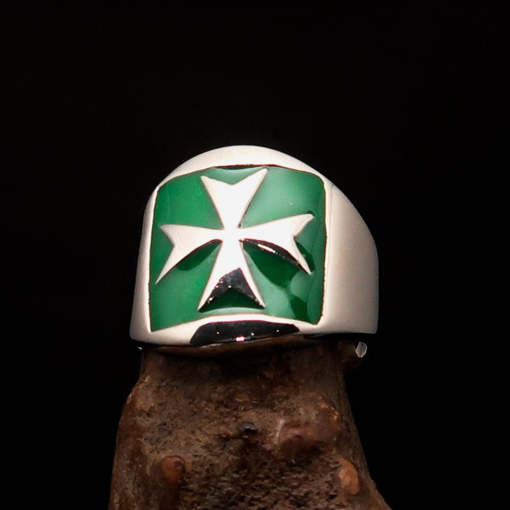 Order of Malta Ring - Silver & Green Sterling Silver Cross - Bricks Masons