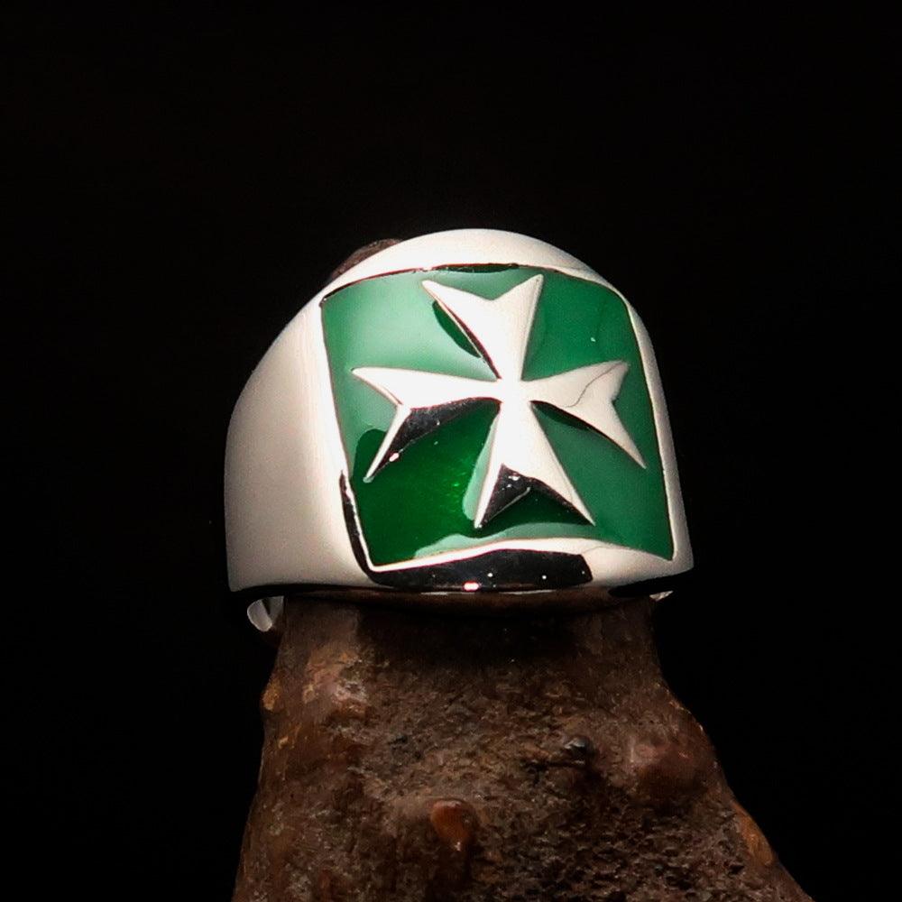 Order of Malta Ring - Silver & Green Sterling Silver Cross - Bricks Masons