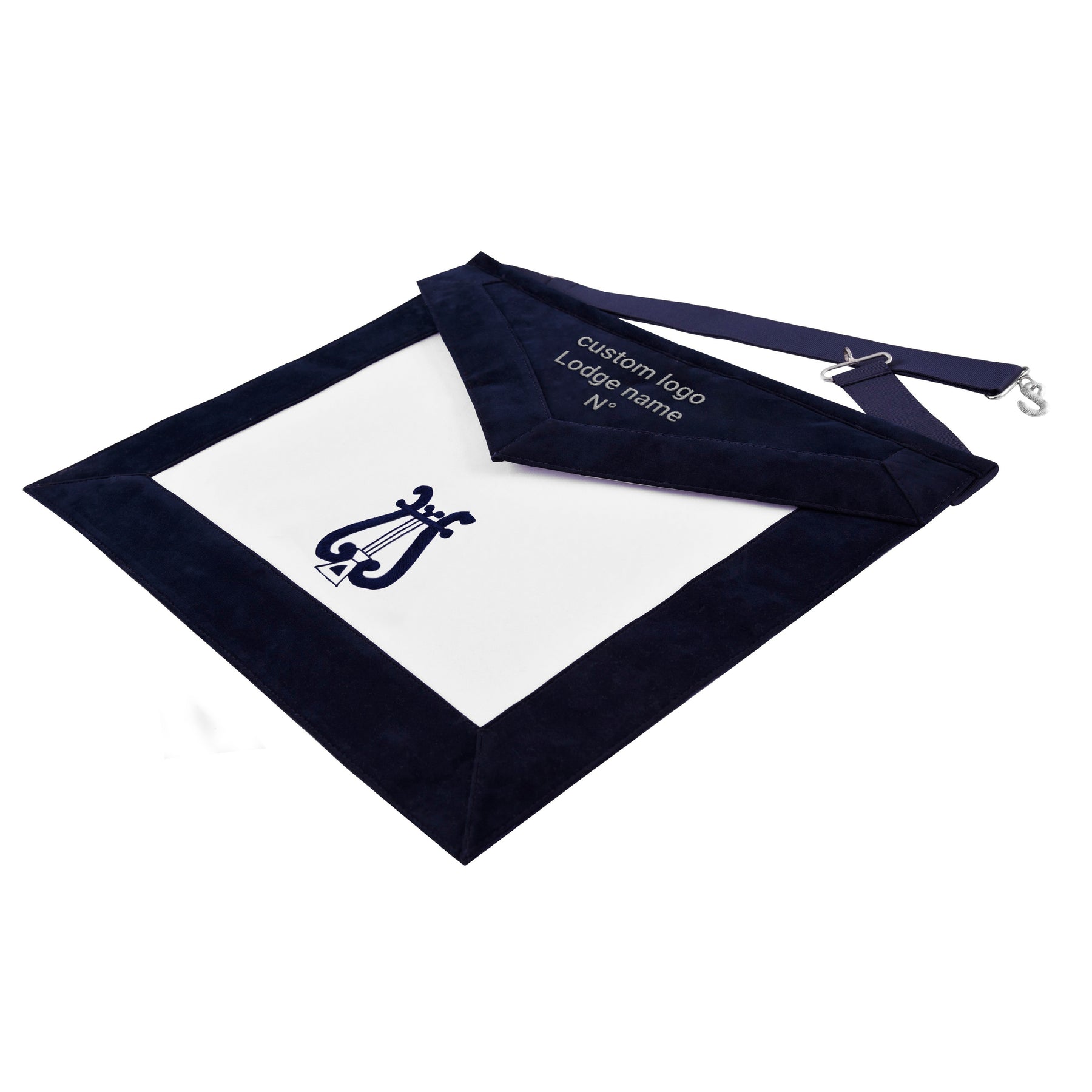 Organist Blue Lodge Officer Apron - Navy Velvet With Silver Embroidery Thread - Bricks Masons