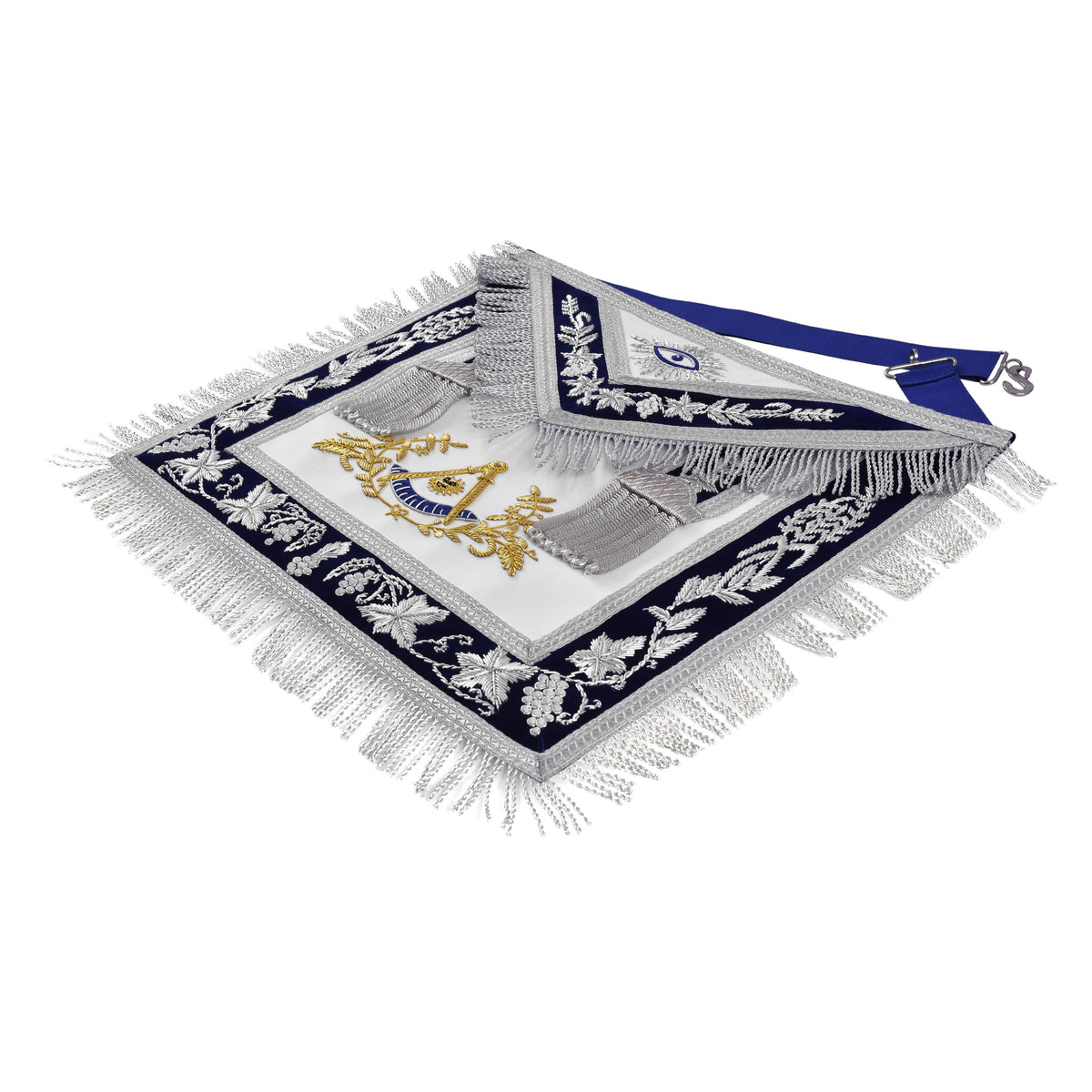 Past Master Blue Lodge Apron - Gold Bullion Emblem With Silver Braid Fringe - Bricks Masons
