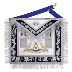 Past Master Blue Lodge Apron - Gold Bullion Emblem With Silver Braid Fringe - Bricks Masons