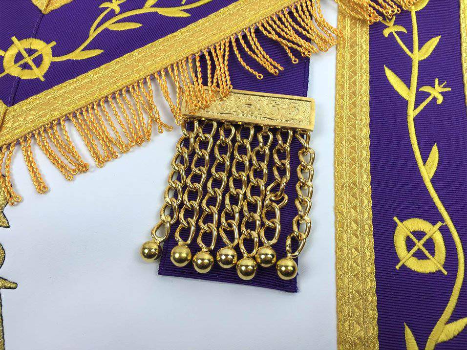 Past Master Blue Lodge Apron - White & Purple with Gold Machine Embroidery - Bricks Masons