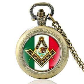 Master Mason Blue Lodge Pocket Watch - Compass & Square Mexico Flag Pocket