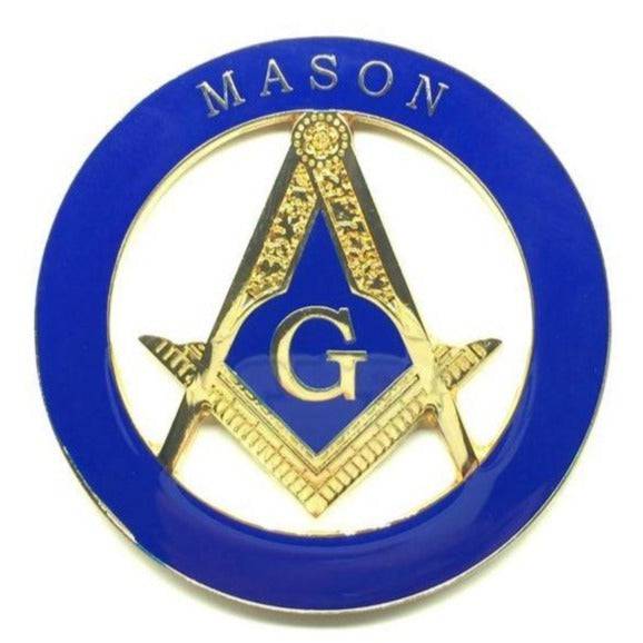 Master Mason Blue Lodge Car Emblem - Golden Blue Compass and Square G Medallion