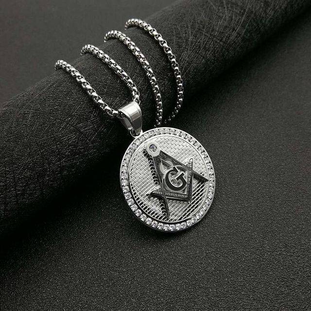 Master Mason Blue Lodge Necklace - Square and Compass with G Iced Out Round (Gold & Silver)