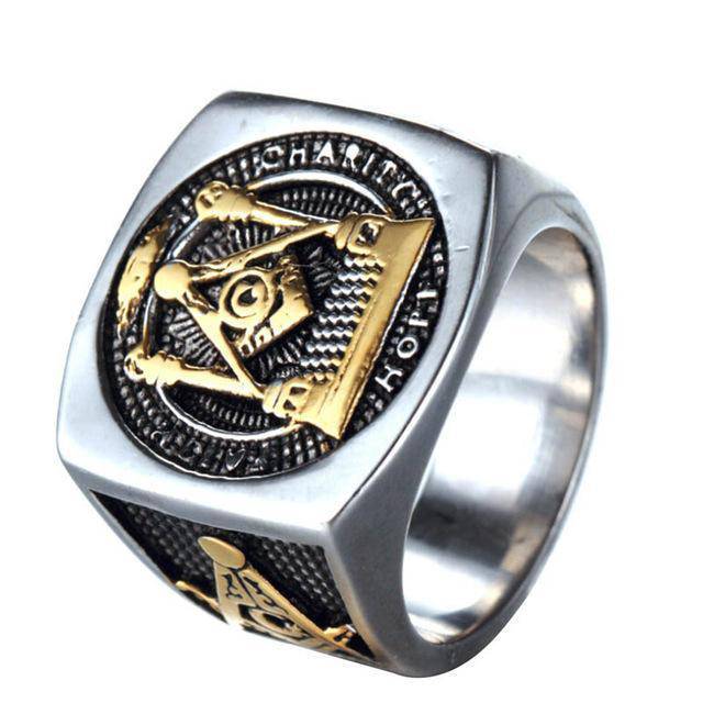 Master Mason Blue Lodge Ring - Faith Hope Charity Pillars Gold & Silver