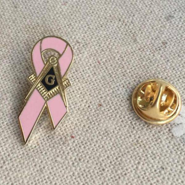 Master Mason Blue Lodge Lapel Pin - Awareness of Breast Cancer Square and Compass G Ribbon