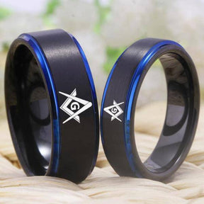 Master Mason Blue Lodge Ring - Black Blue Tungsten Personalizable