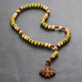 Knights Templar Commandery Necklace - Wooden Rosary Beaded Jerusalem Cross