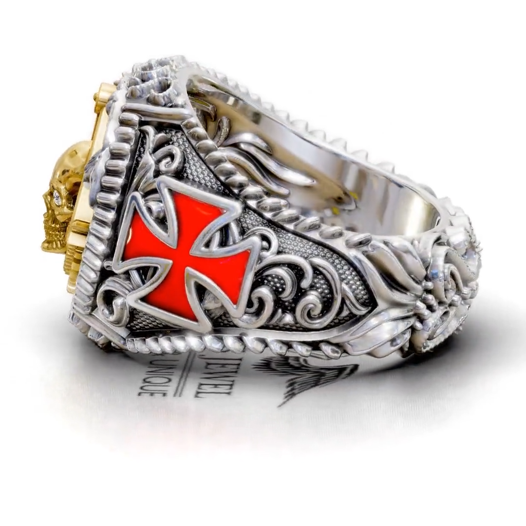 Master Mason Blue Lodge Ring - Square & Compass With Skull & Red Cross - Bricks Masons