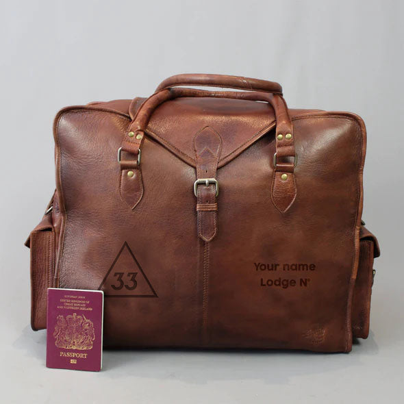 33rd Degree Scottish Rite Travel Bag - Genuine Brown Leather - Bricks Masons