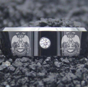 32nd Degree Scottish Rite Ring - Wings Down Black Silver Bevel With CZ Stone - Bricks Masons