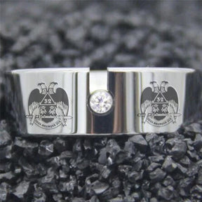 32nd Degree Scottish Rite Ring -  Wings Down Silver Pipe With CZ Stone - Bricks Masons