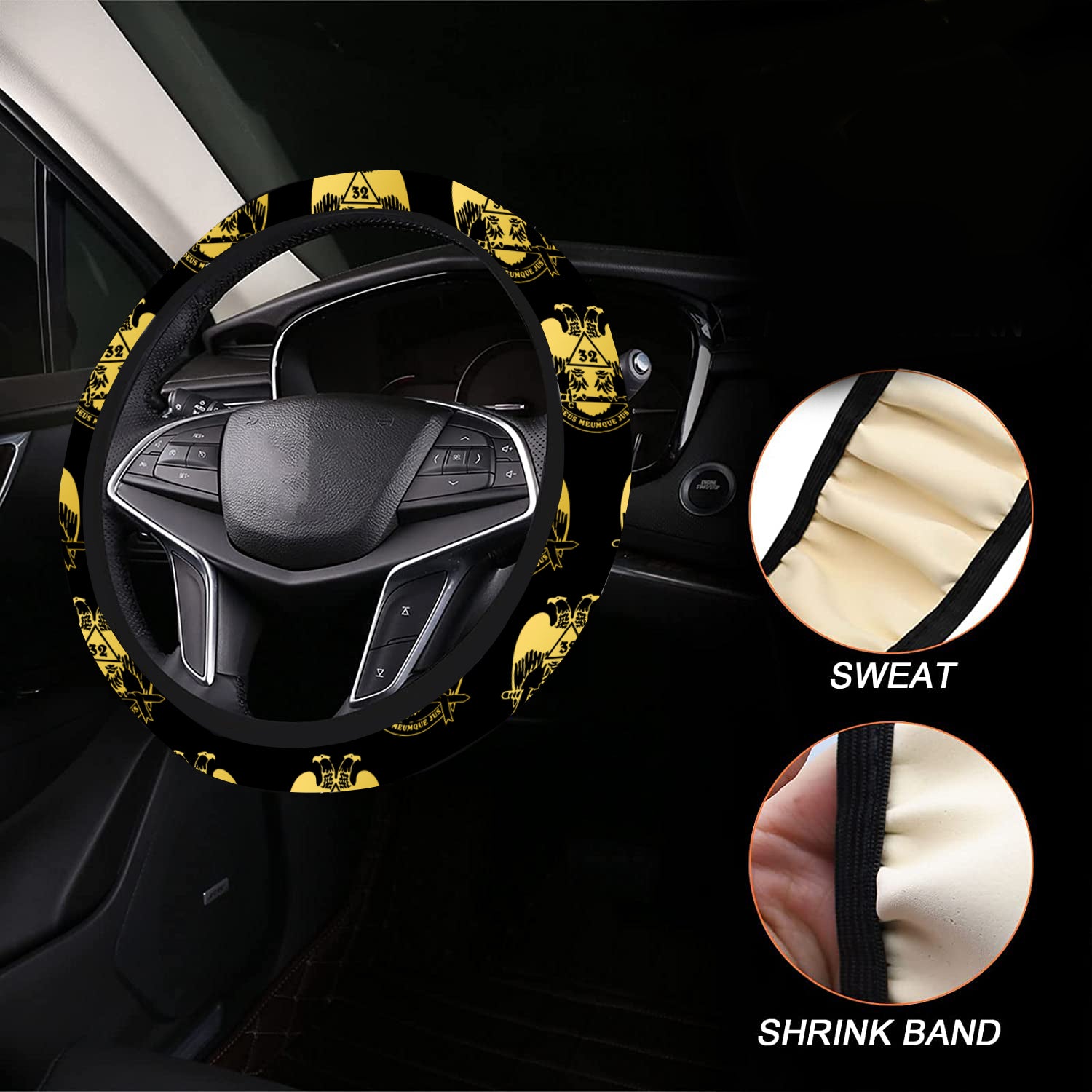 32nd Degree Scottish Rite Steering Wheel Cover - Wings Down White & Gold - Bricks Masons