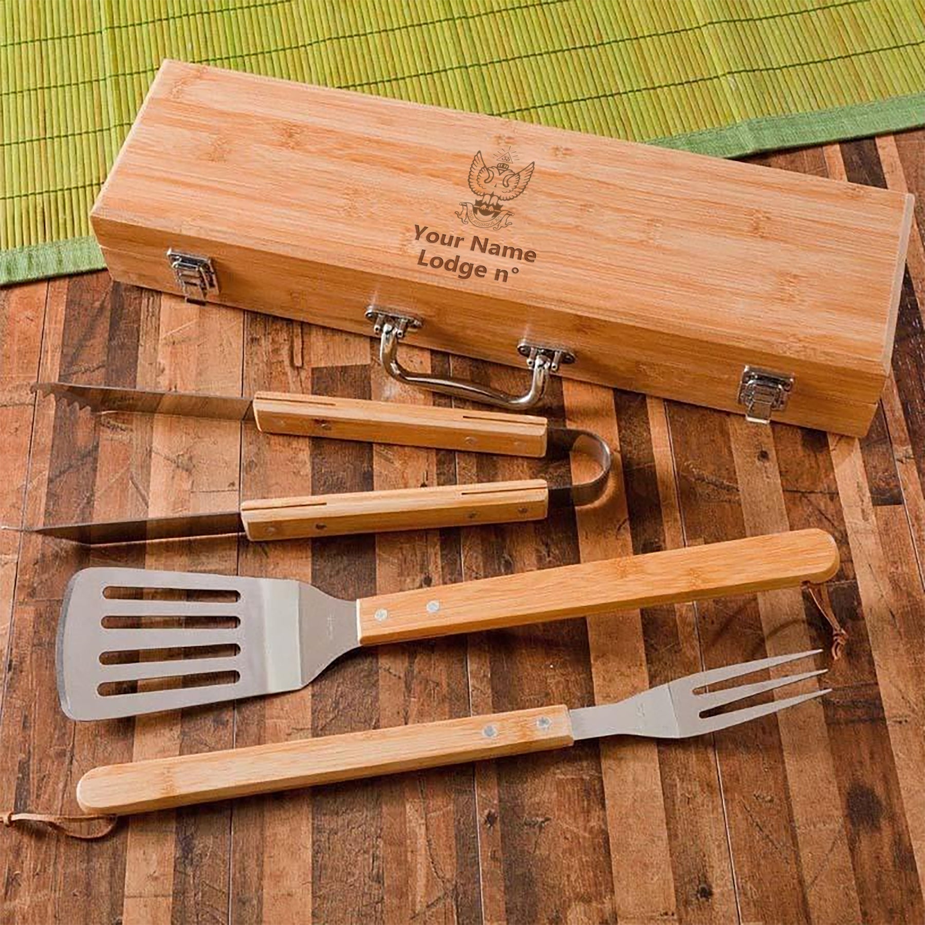 33rd Degree Scottish Rite Grill Tool - Wings Up BBQ Set & Bamboo Case - Bricks Masons