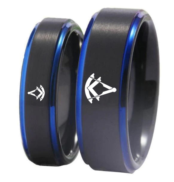 Past Master Blue Lodge Ring - Black Blue Tungsten - Bricks Masons