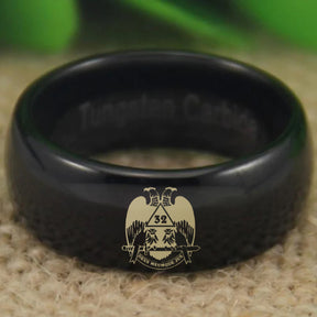 32nd Degree Scottish Rite Ring - Wings Down Black Dome Tungsten - Bricks Masons