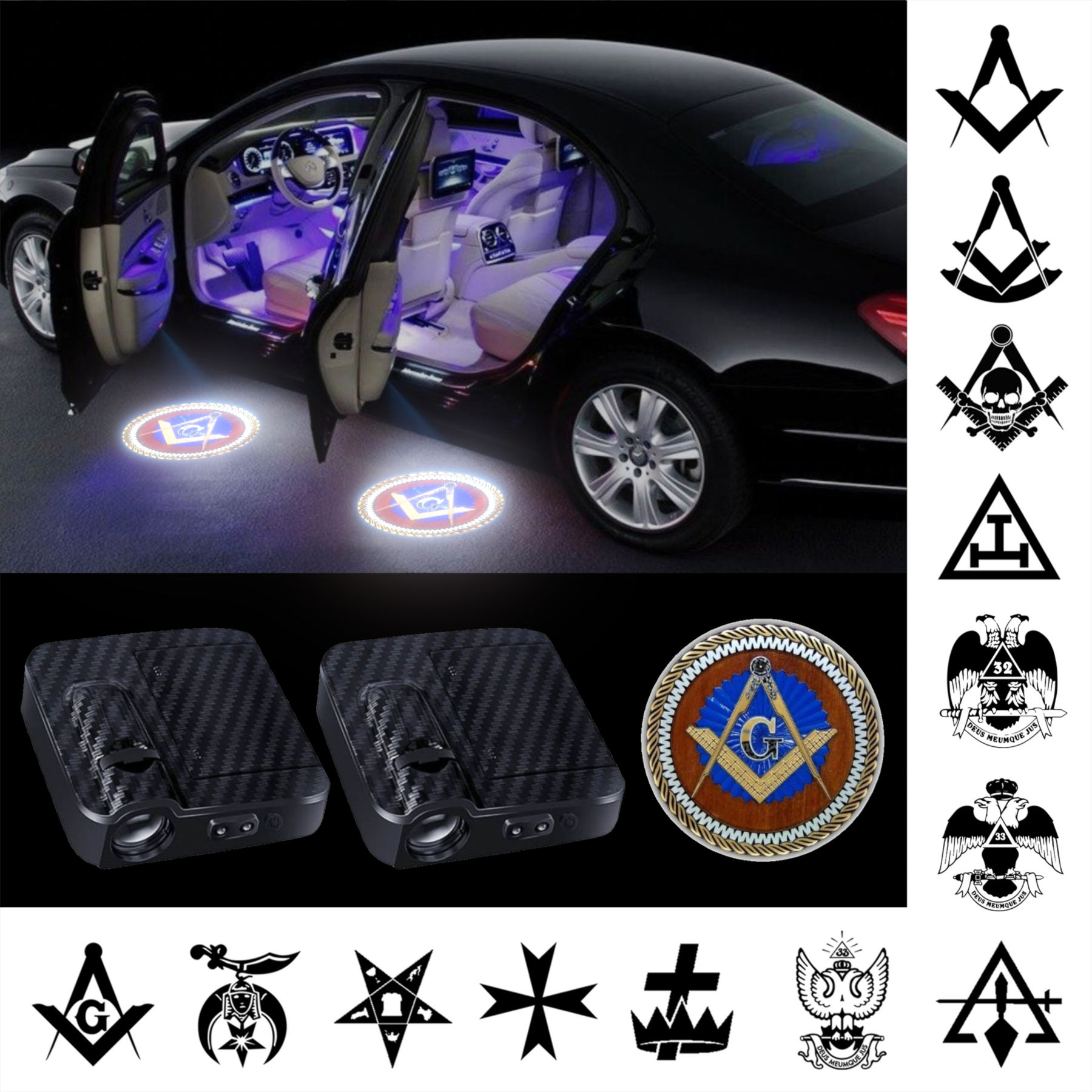 2 Pieces Masonic Wireless LED Car Door Welcome Light Projector - Bricks Masons