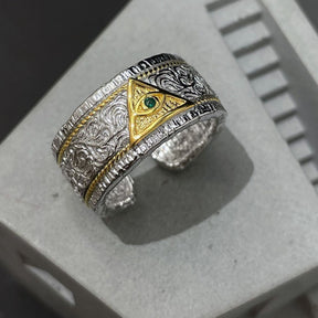 Eye Of Providence Ring - Green & Purple Diamond Adjustable Opening - Bricks Masons